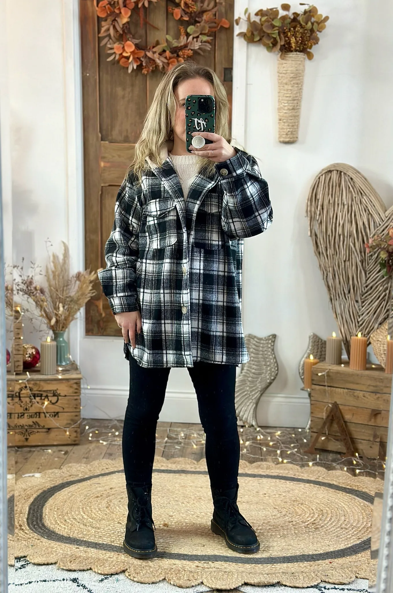Black & White Brushed Check Hooded Shacket
