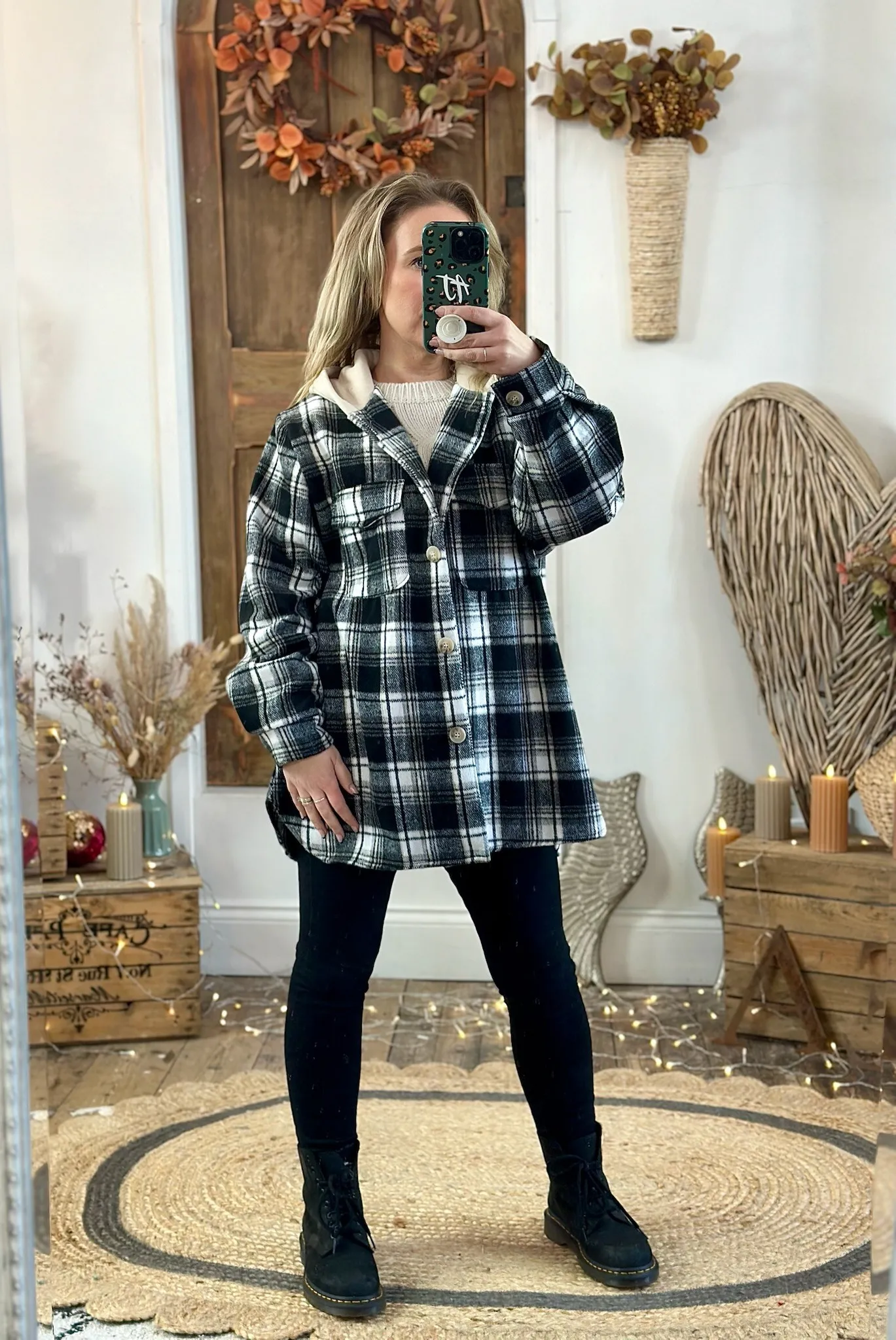 Black & White Brushed Check Hooded Shacket