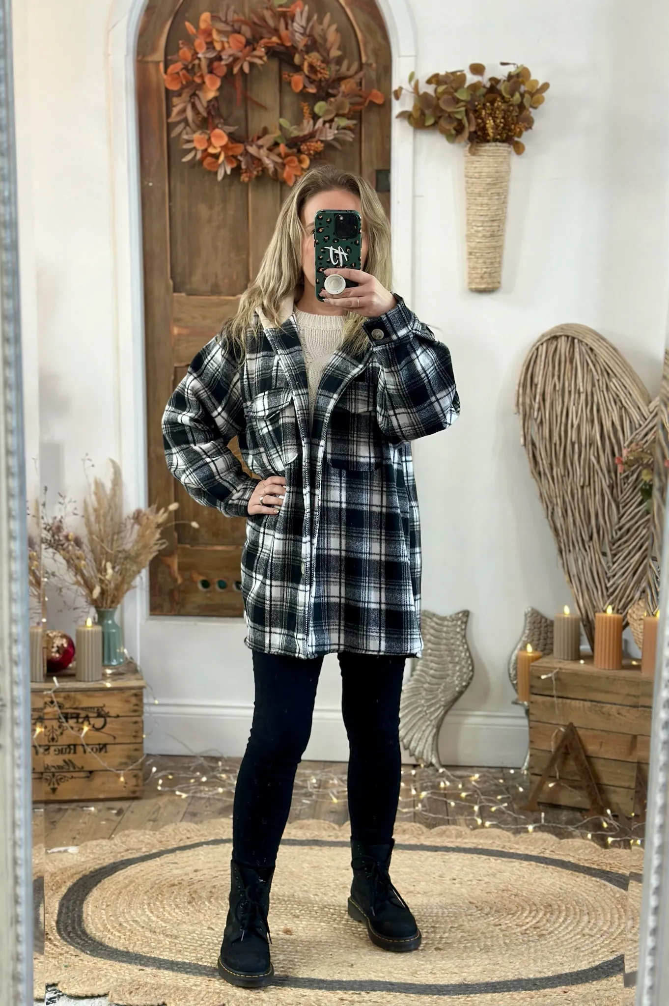 Black & White Brushed Check Hooded Shacket