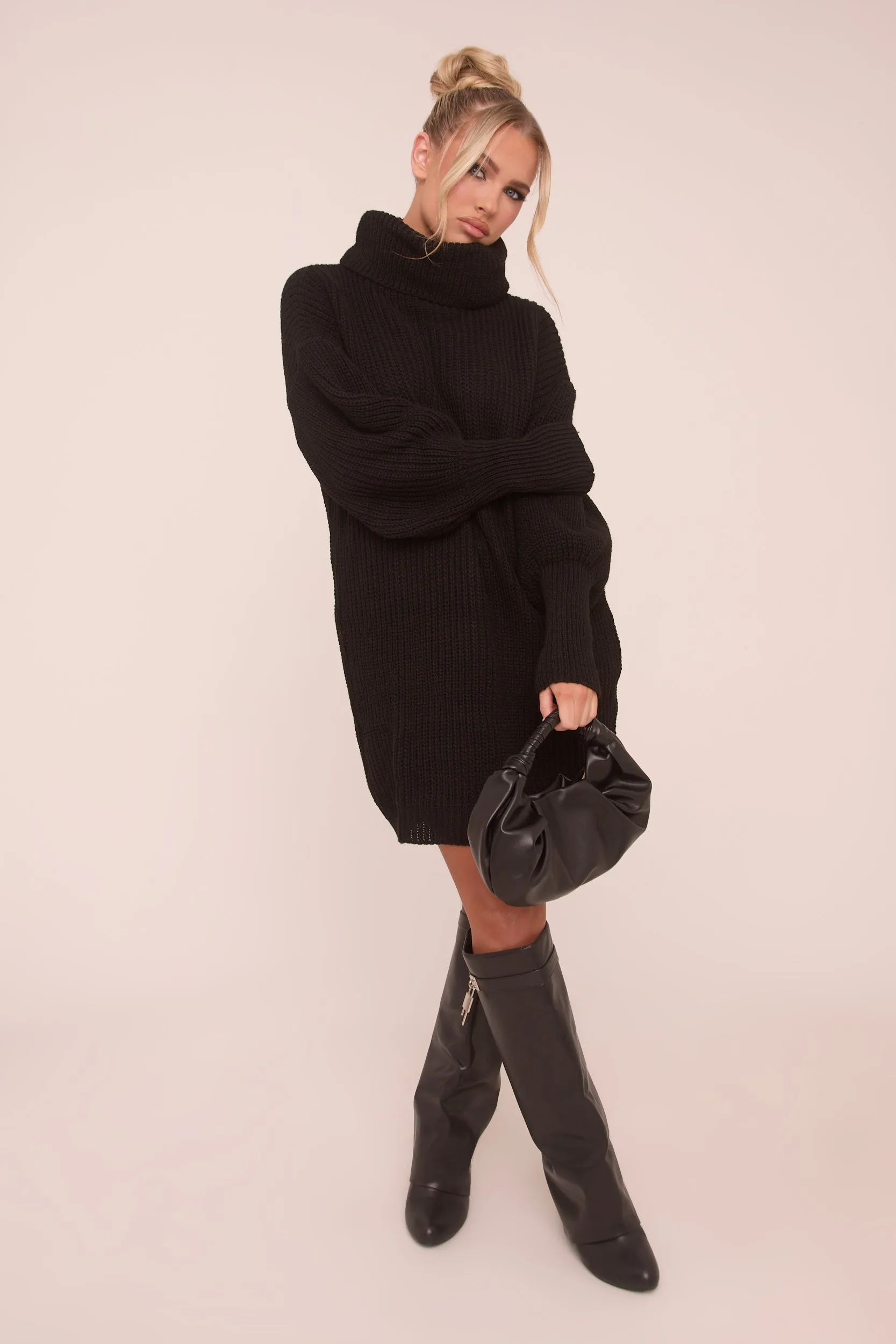 Black Turtle Neck Knit Jumper Dress - Brooke