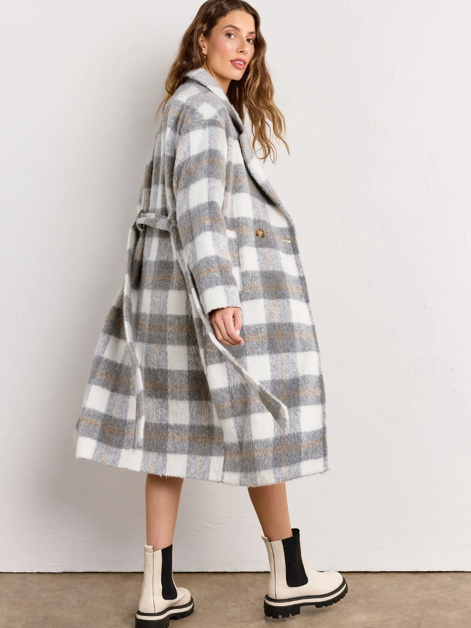 Brushed Plaid Double Breasted Trench Coat - Endless Blu