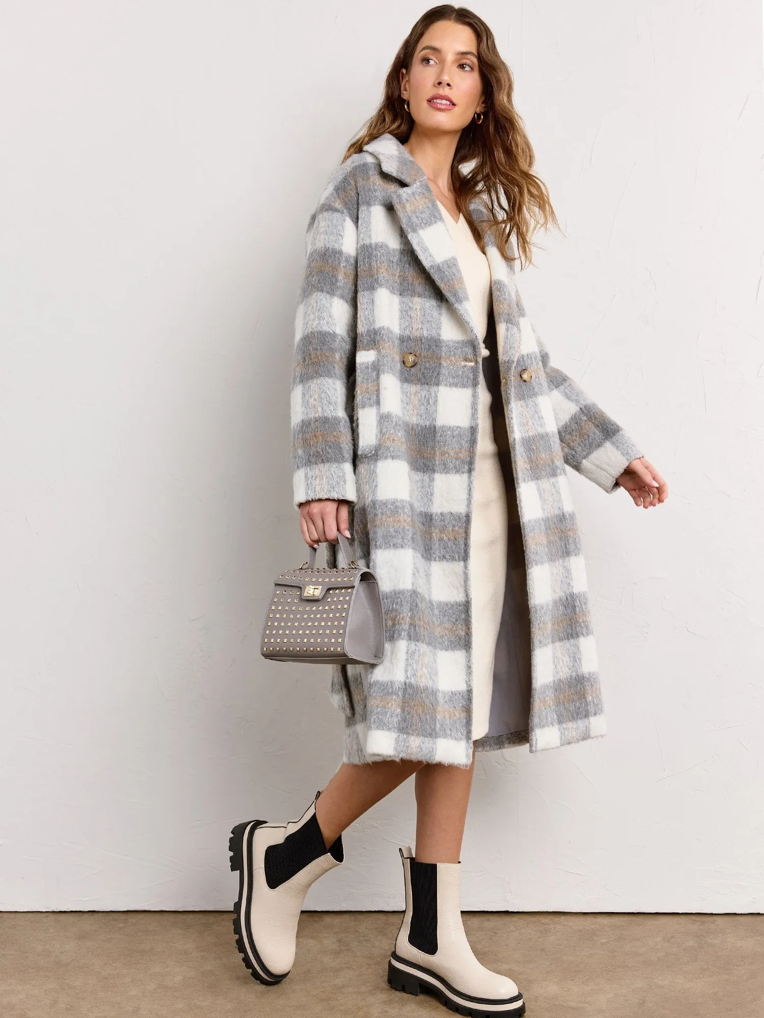 Brushed Plaid Double Breasted Trench Coat - Endless Blu