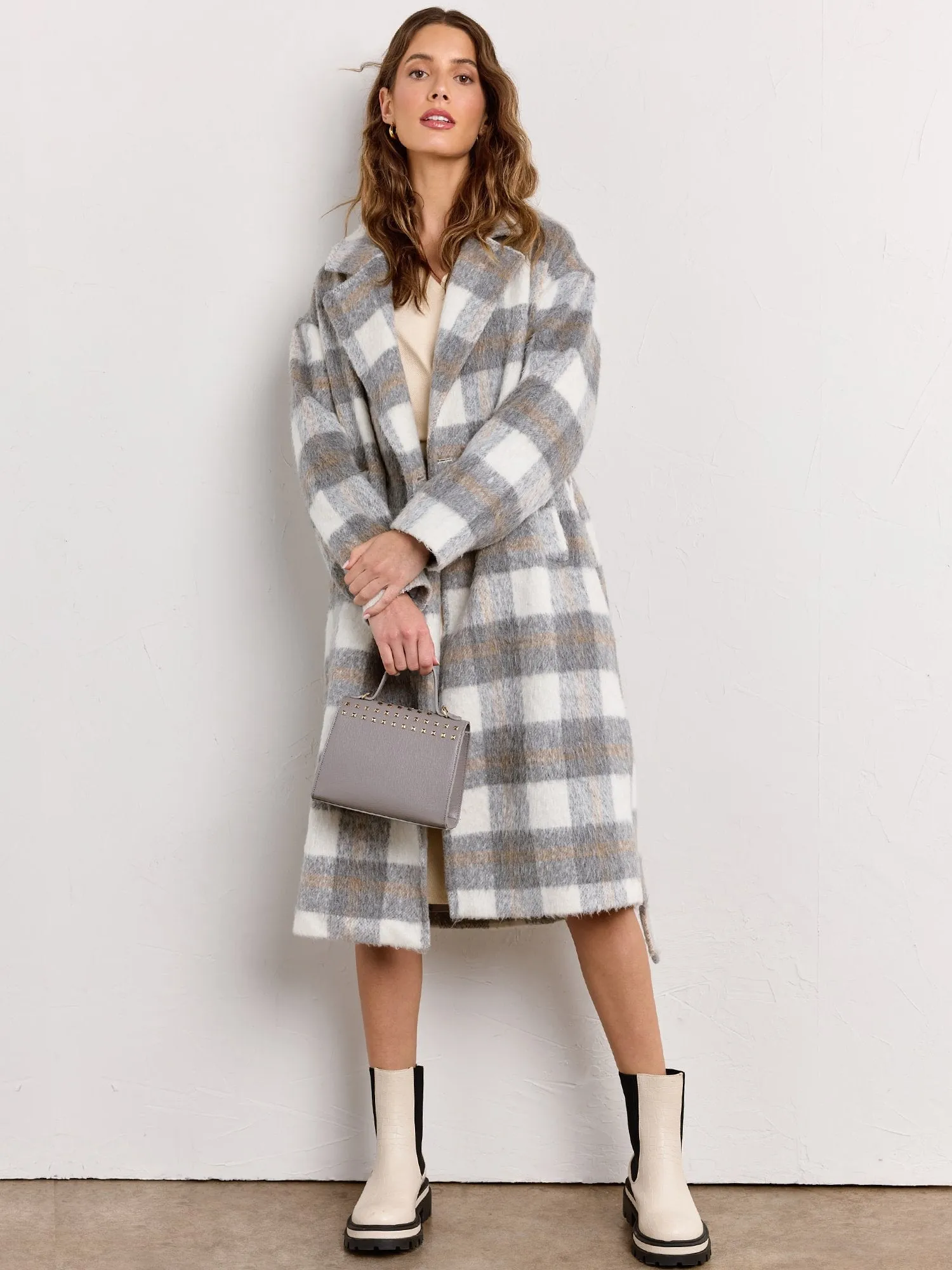 Brushed Plaid Double Breasted Trench Coat - Endless Blu