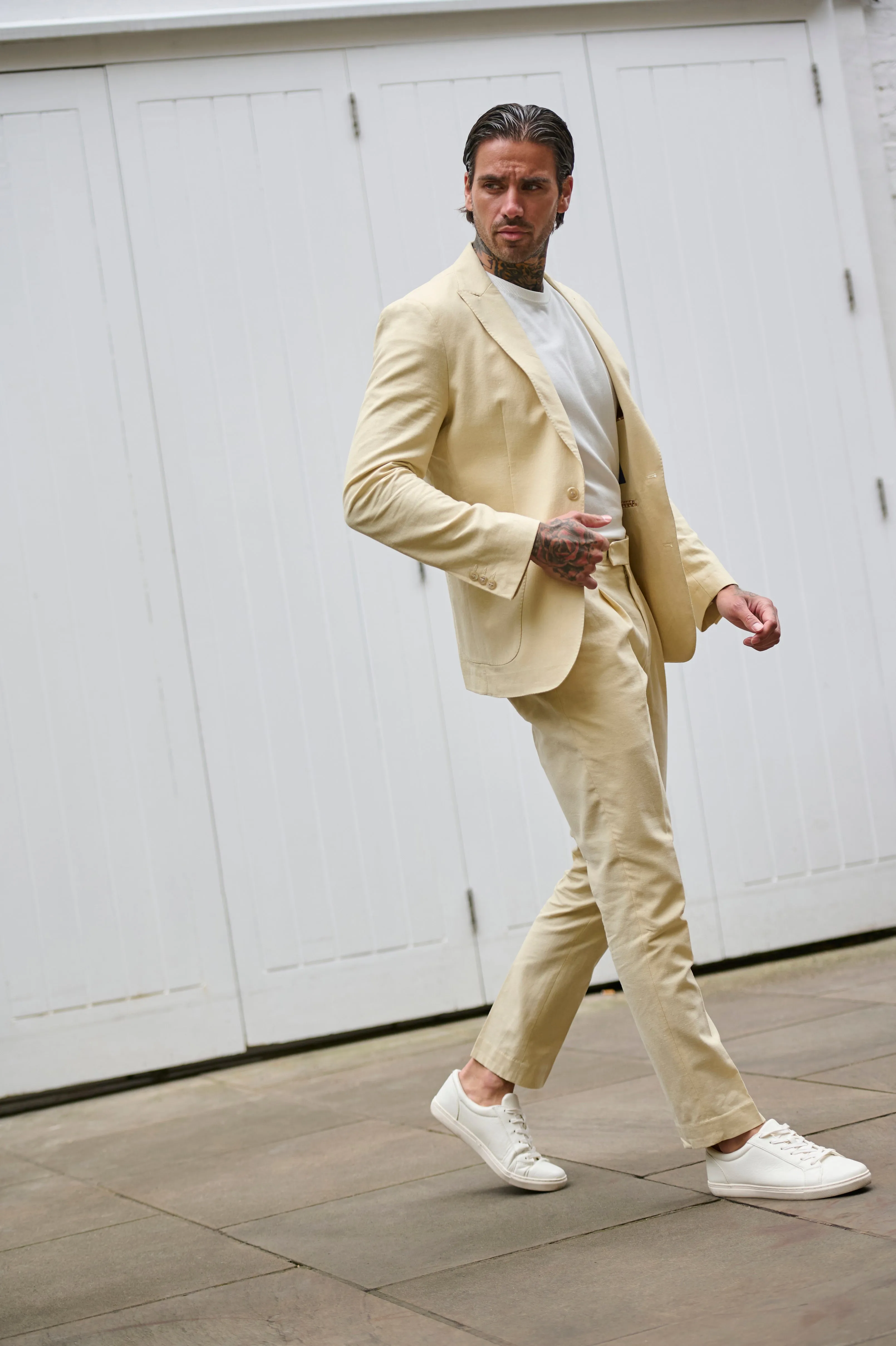 Chris Slim Fit Linen Cotton Blend Single Breasted Suit Blazer in Yellow