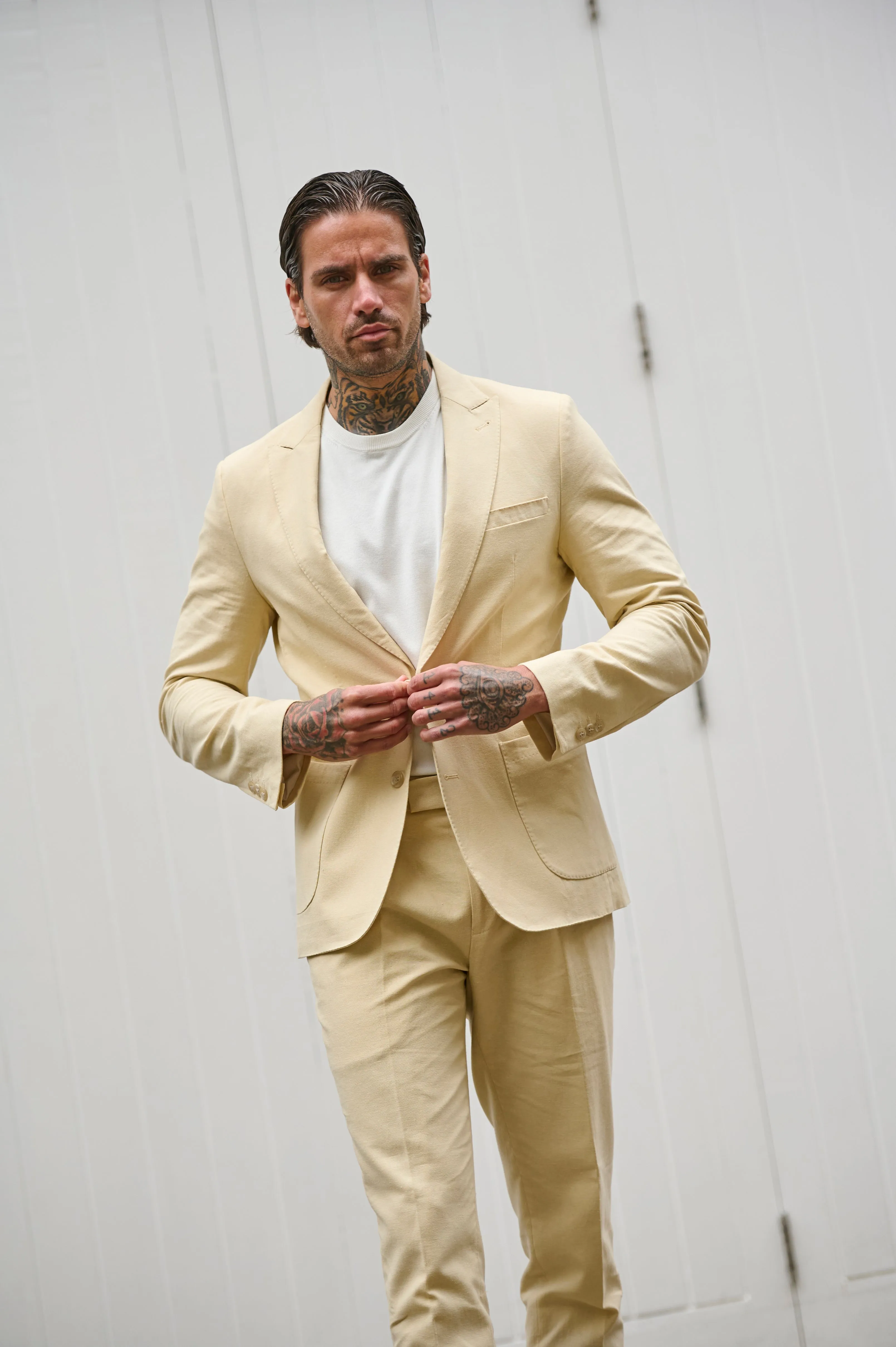 Chris Slim Fit Linen Cotton Blend Single Breasted Suit Blazer in Yellow