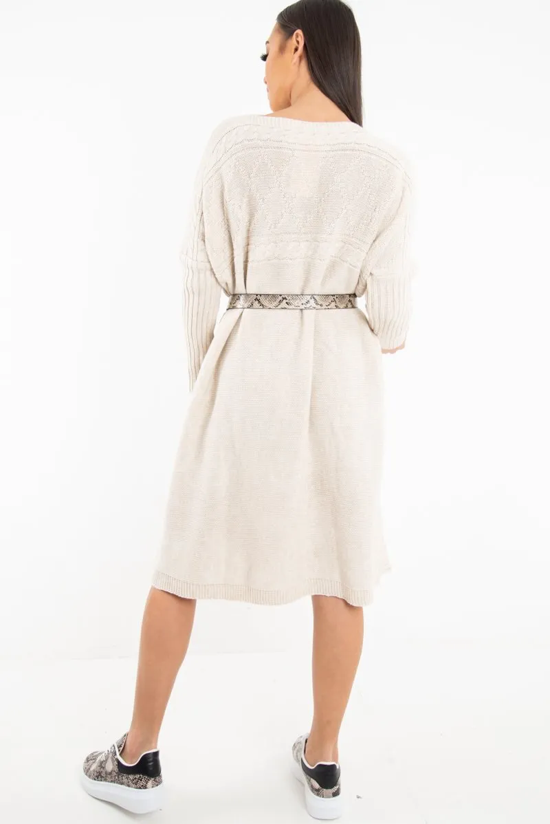 Cream Cable Knit Side Split Jumper Dress - Maniya