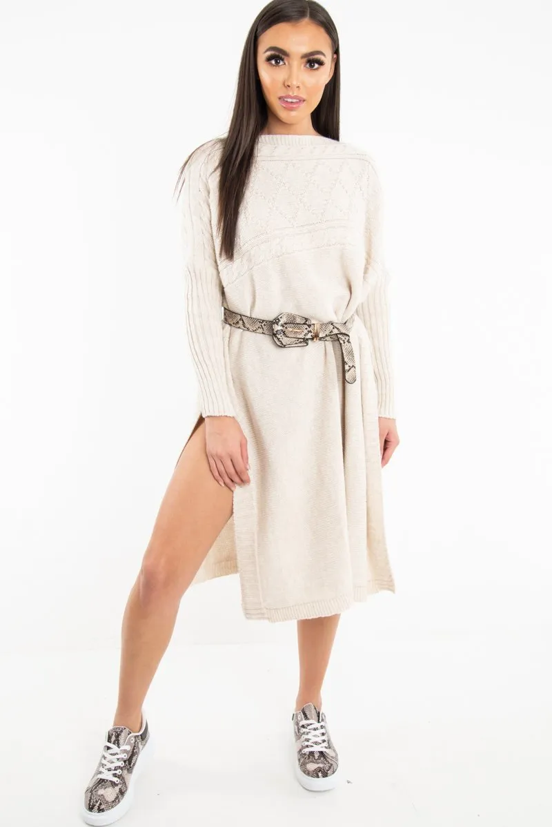 Cream Cable Knit Side Split Jumper Dress - Maniya
