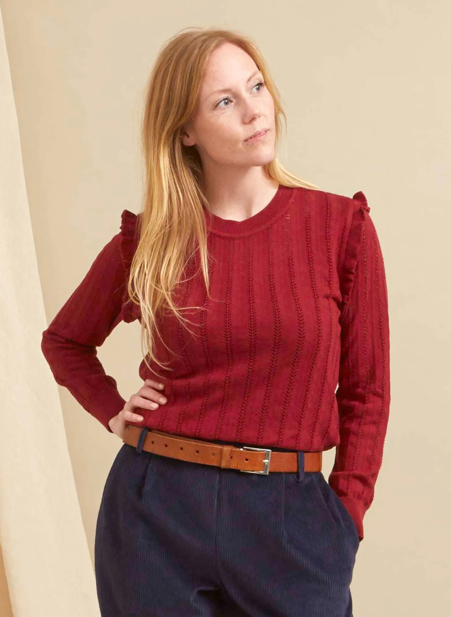 Diana Knitted Cotton Top - Red Ruffle