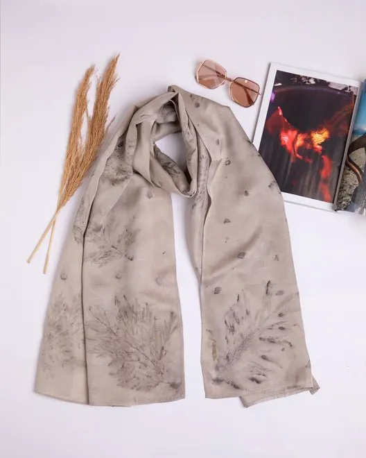 Eco-printed ivory leafy scarf
