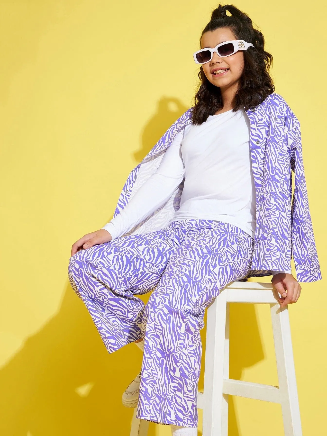 Girls Lavender & White Abstract Waves Twill Shacket - Lyush Kids