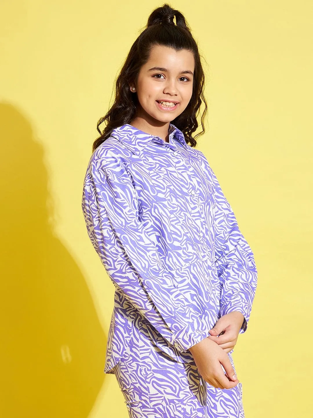 Girls Lavender & White Abstract Waves Twill Shacket - Lyush Kids