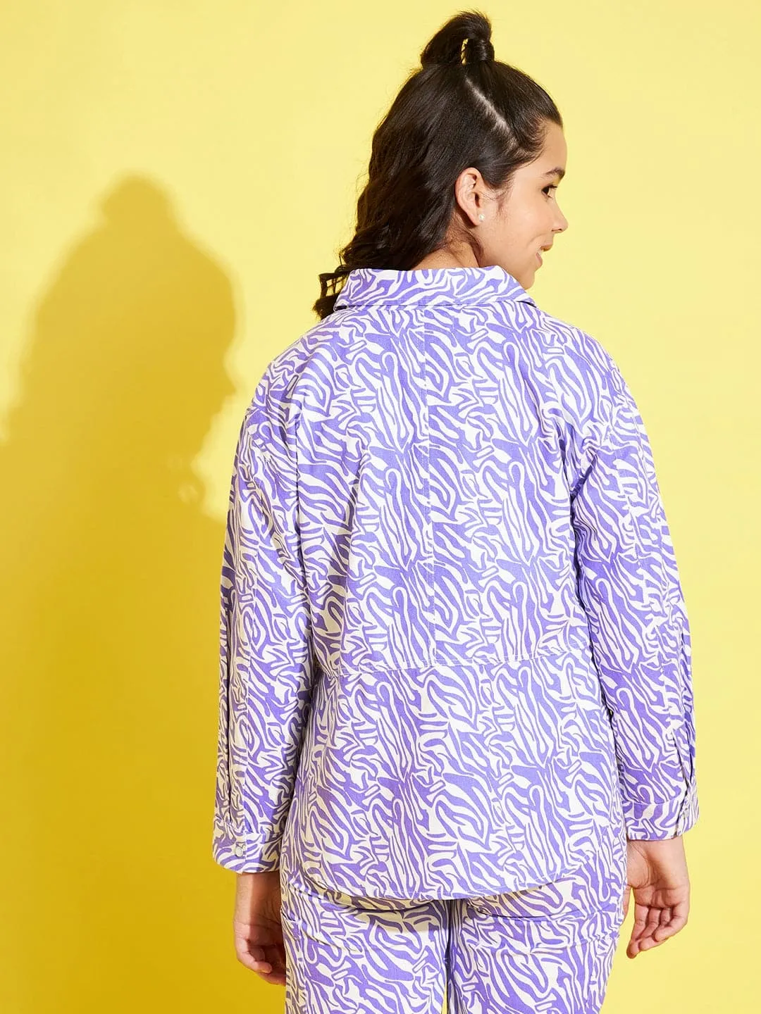Girls Lavender & White Abstract Waves Twill Shacket - Lyush Kids