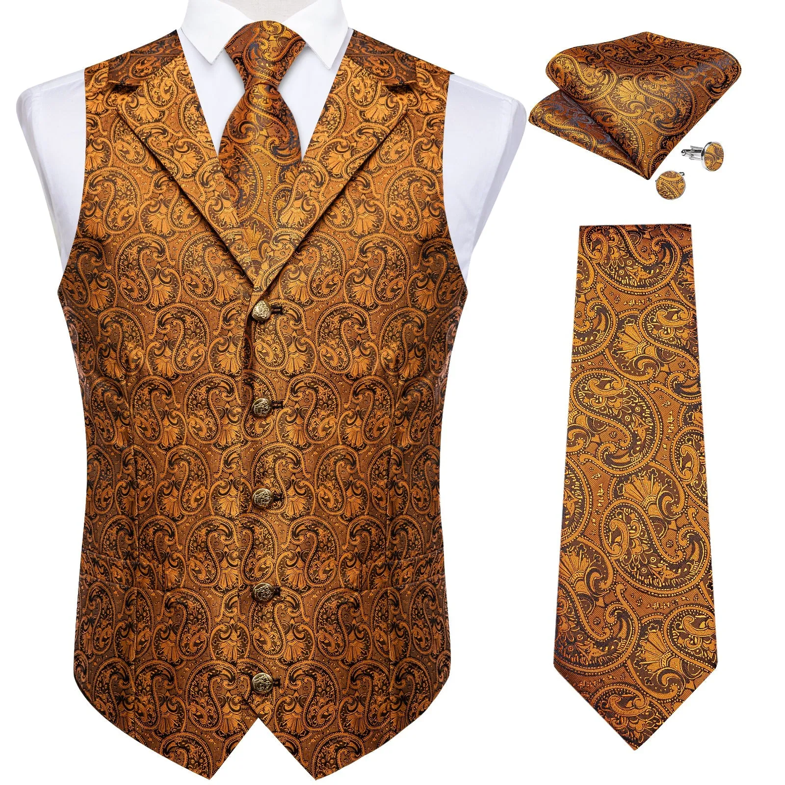 Golden Luxury Paisley Jacquard Men's Collar Vest Tie Hanky Cufflinks Suit Set