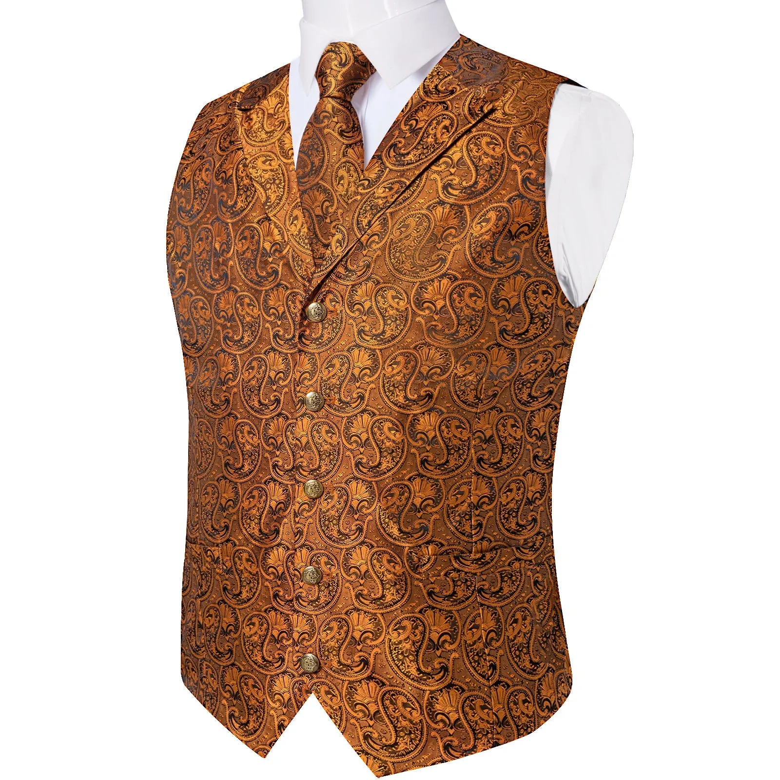 Golden Luxury Paisley Jacquard Men's Collar Vest Tie Hanky Cufflinks Suit Set