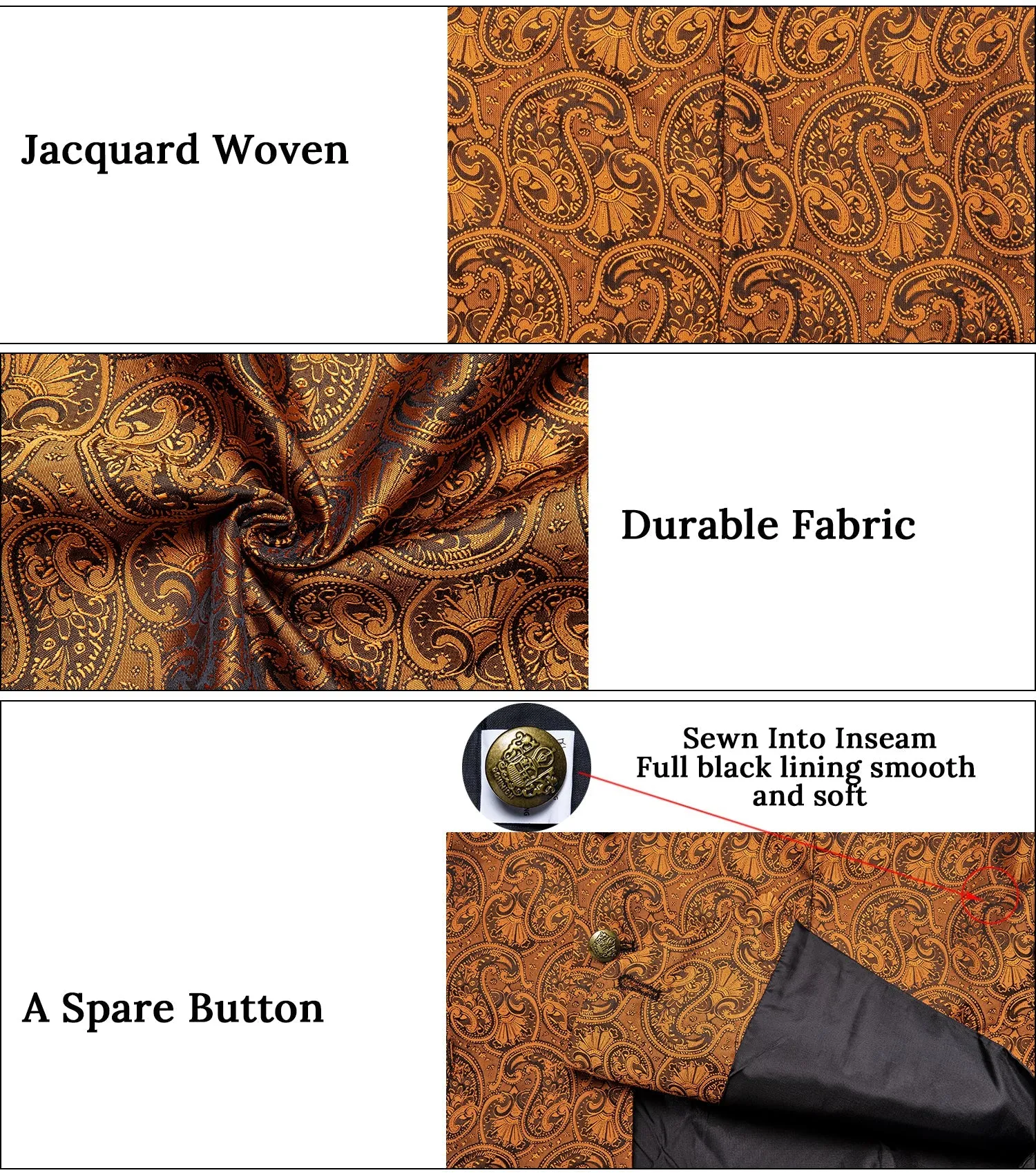 Golden Luxury Paisley Jacquard Men's Collar Vest Tie Hanky Cufflinks Suit Set