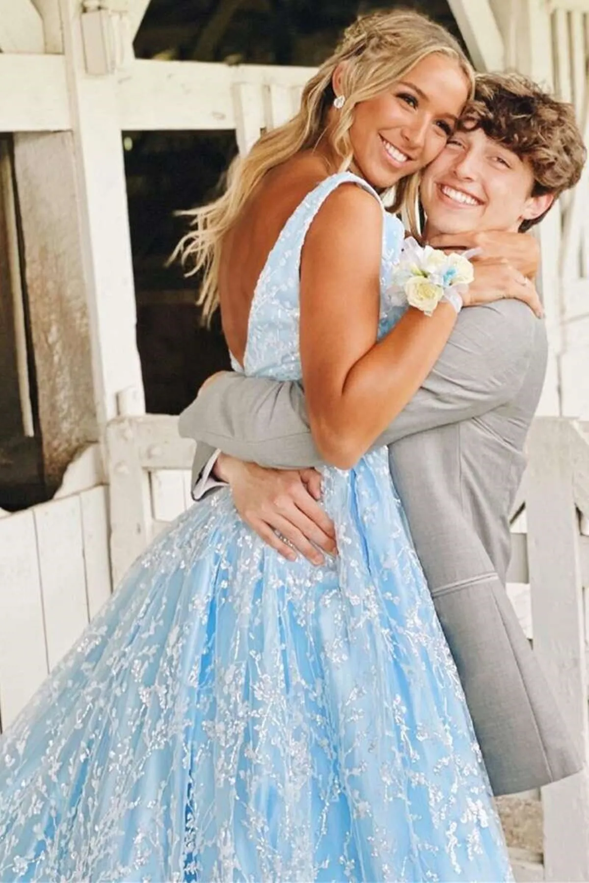 Gorgeous V Neck Light Blue Lace Long Prom Dress with Pocket, Light Blue Lace Formal Evening Dress A1522