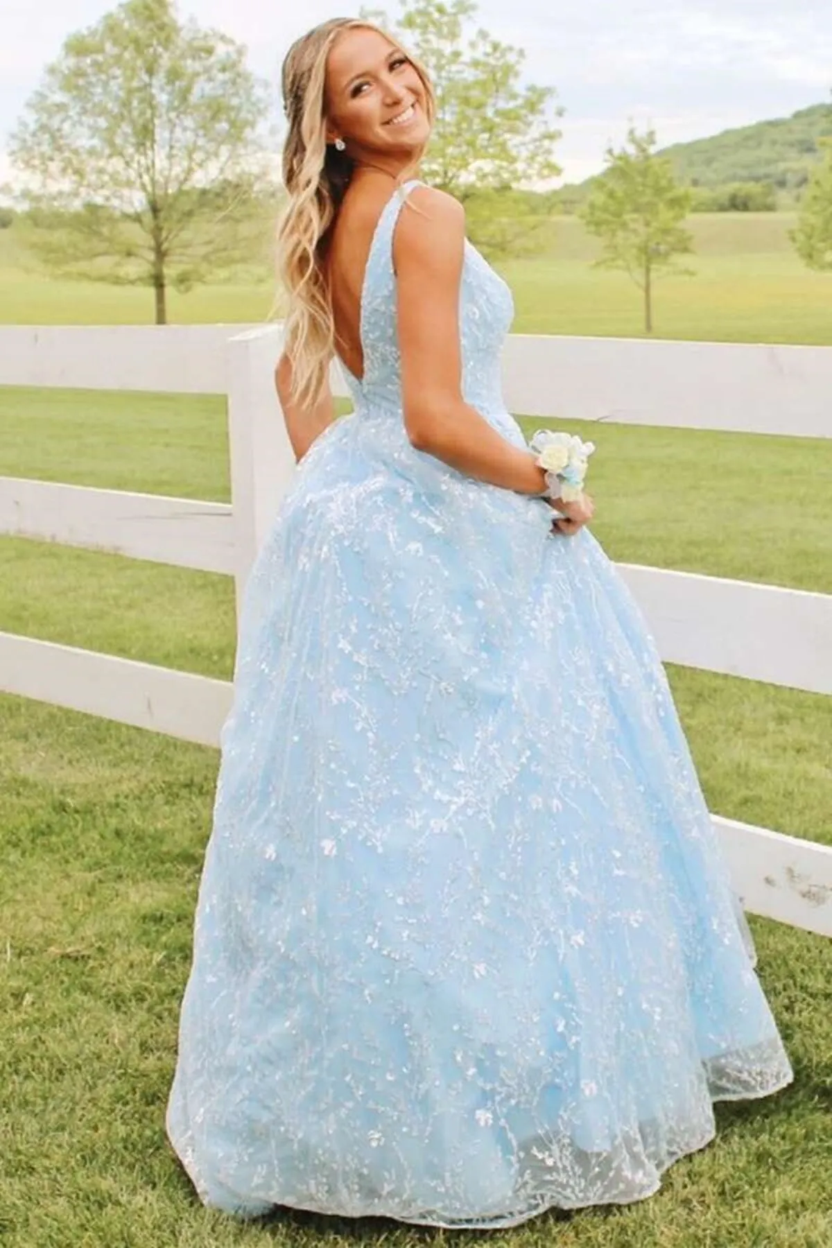 Gorgeous V Neck Light Blue Lace Long Prom Dress with Pocket, Light Blue Lace Formal Evening Dress A1522