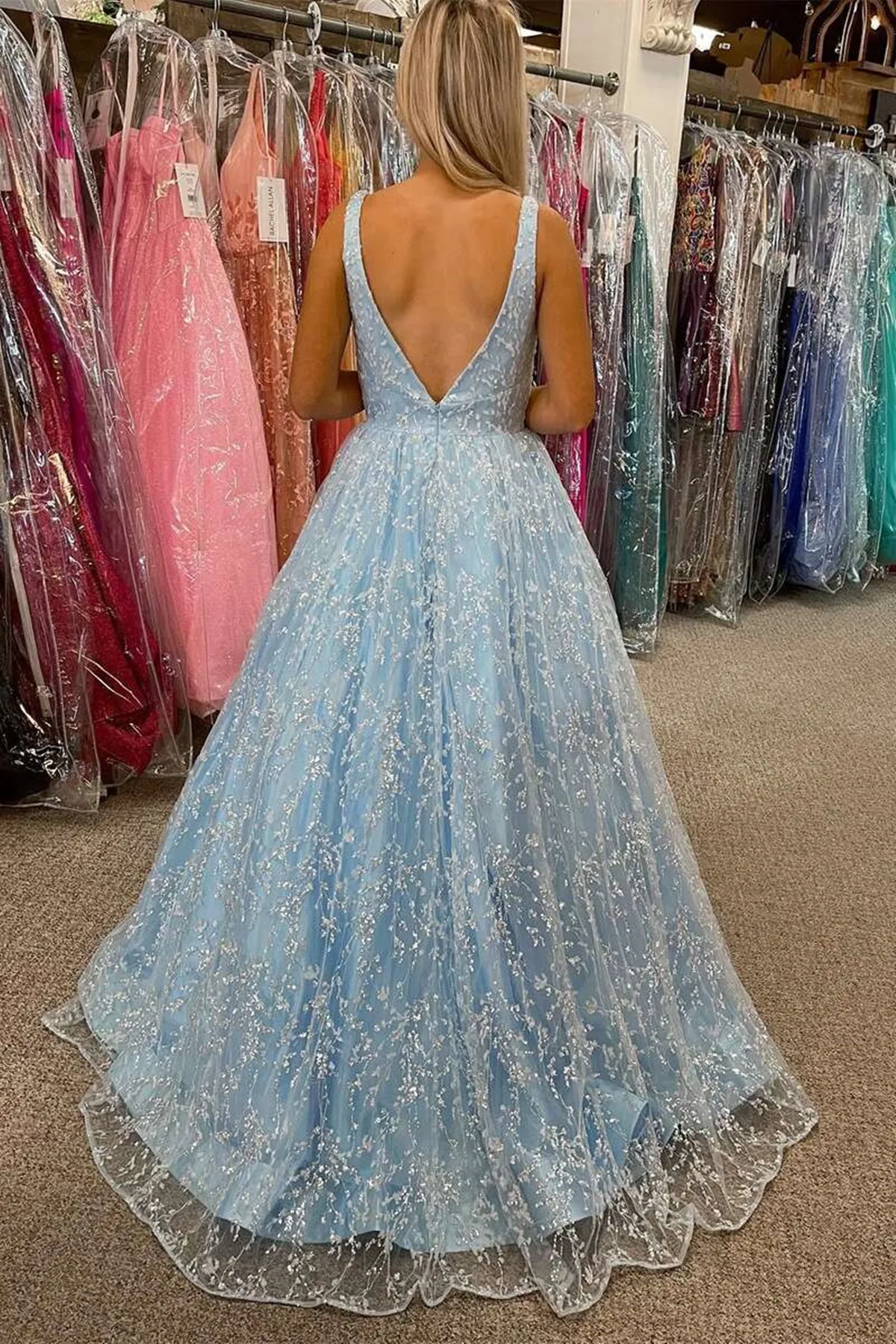 Gorgeous V Neck Light Blue Lace Long Prom Dress with Pocket, Light Blue Lace Formal Evening Dress A1522