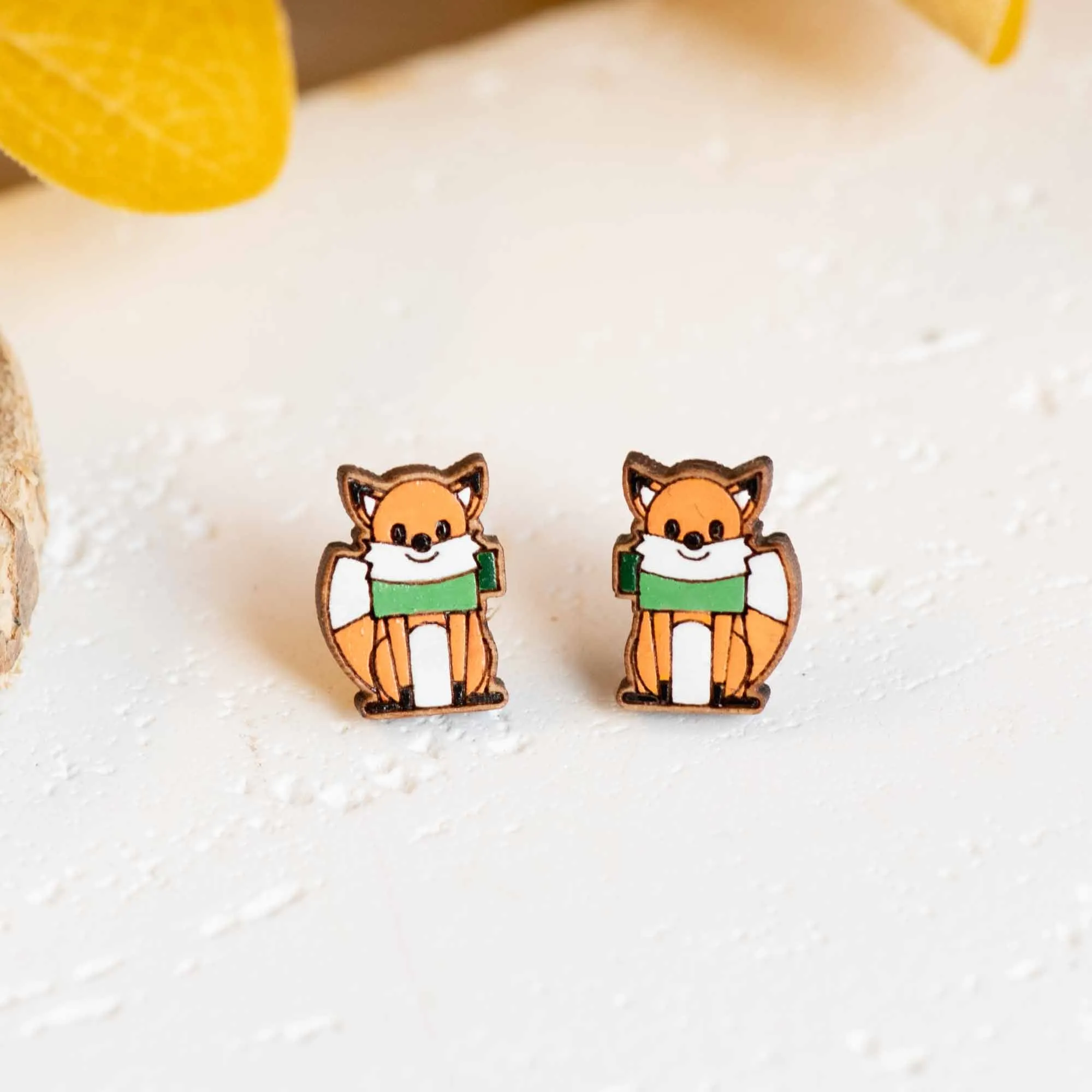 Hand-painted Christmas Fox with Scarf Wooden Earrings - PEL10355