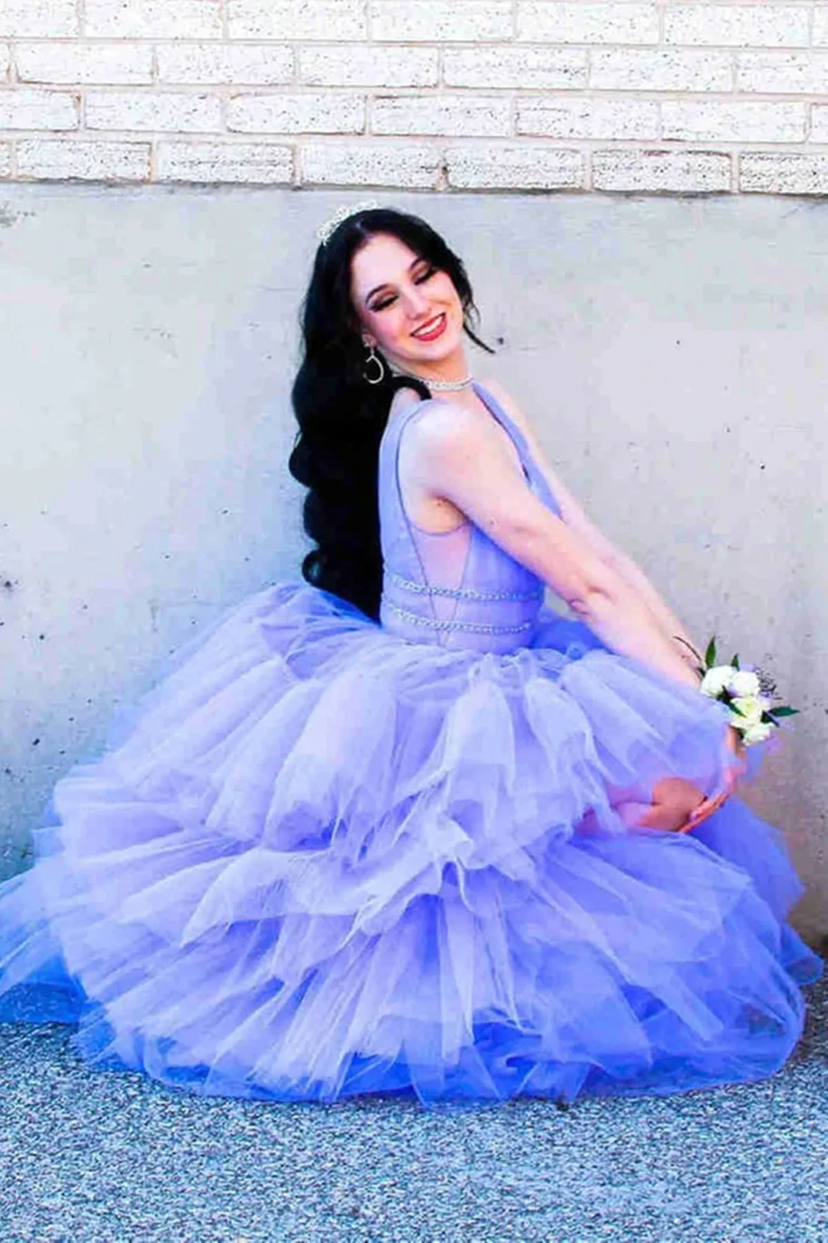 High Low V Neck Lilac Tulle Layered Long Prom Dresses, High Low Purple Formal Evening Dresses