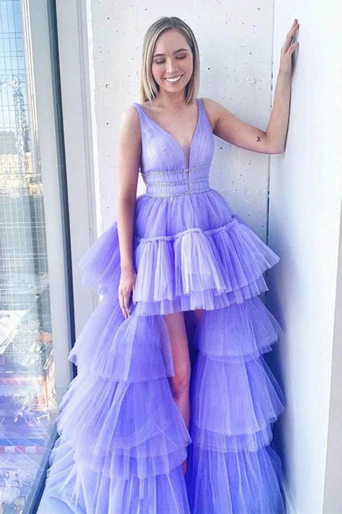 High Low V Neck Lilac Tulle Layered Long Prom Dresses, High Low Purple Formal Evening Dresses