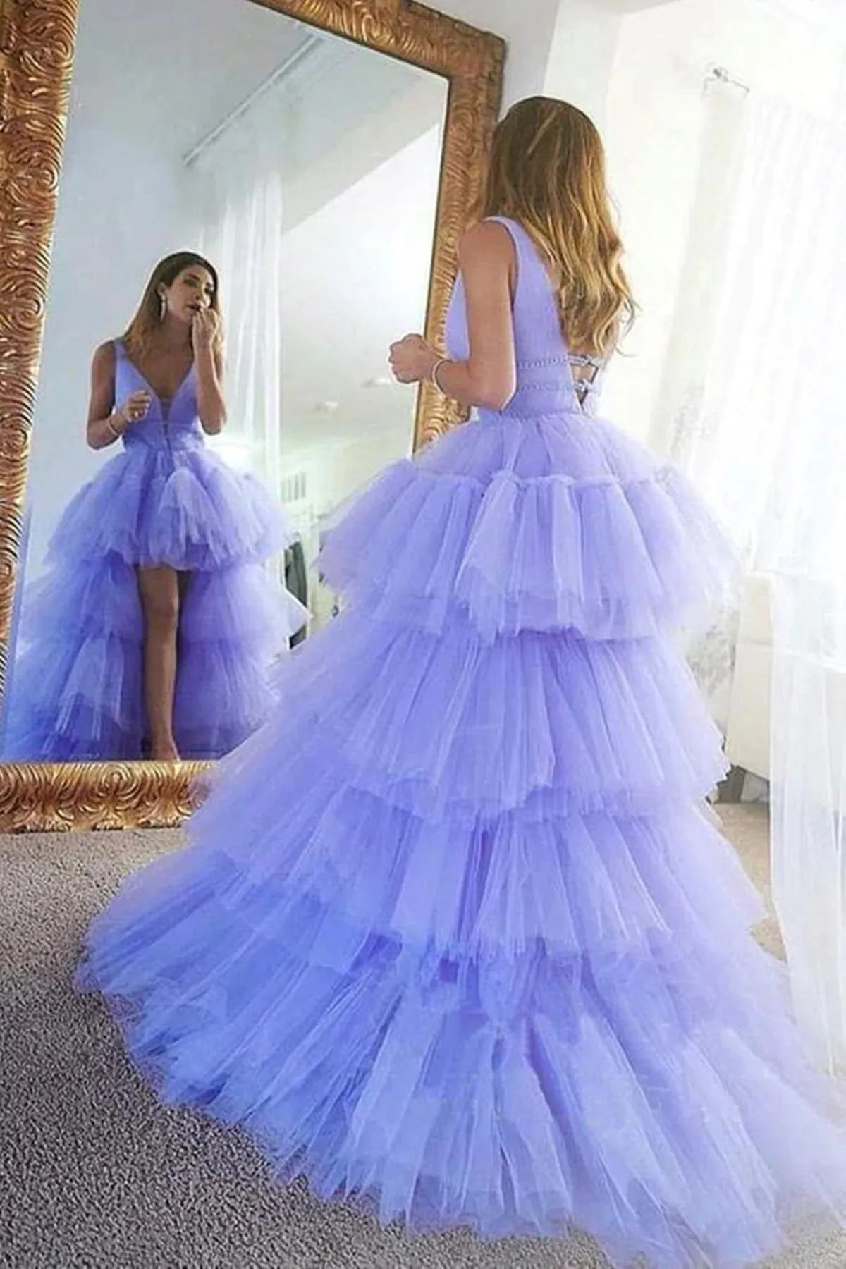 High Low V Neck Lilac Tulle Layered Long Prom Dresses, High Low Purple Formal Evening Dresses