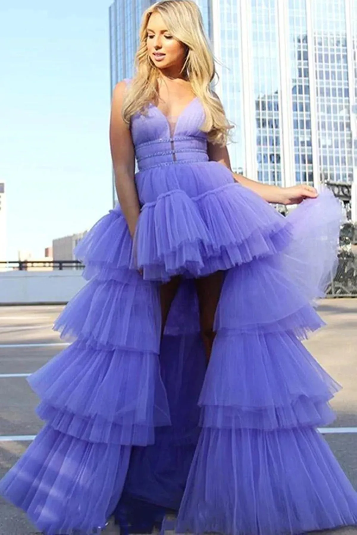 High Low V Neck Lilac Tulle Layered Long Prom Dresses, High Low Purple Formal Evening Dresses