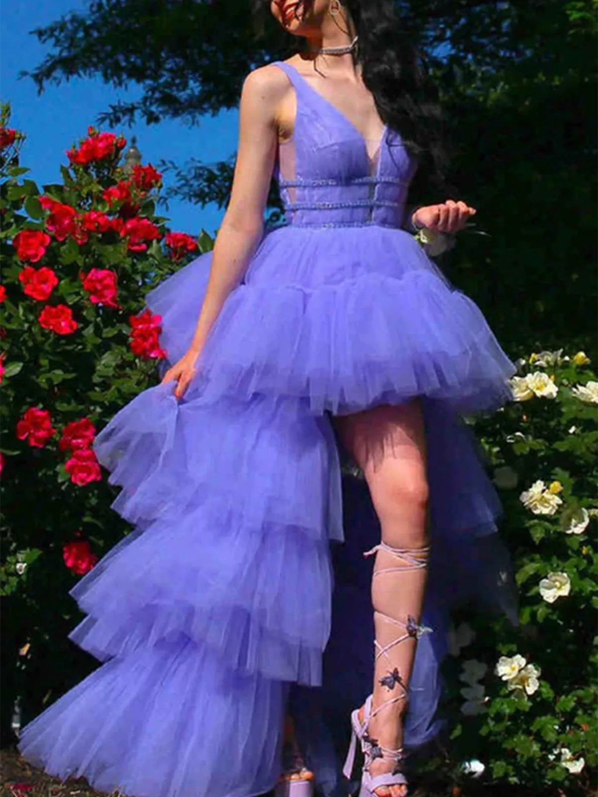 High Low V Neck Lilac Tulle Layered Long Prom Dresses, High Low Purple Formal Evening Dresses