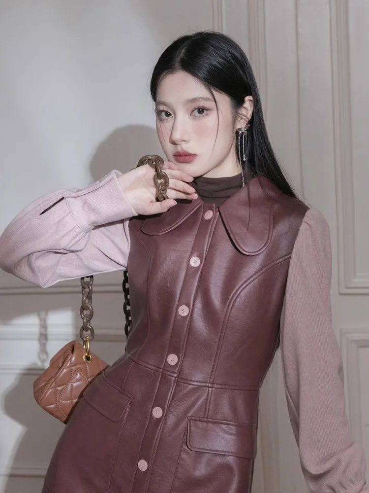Knit sleeve leather dress【s0000005823】