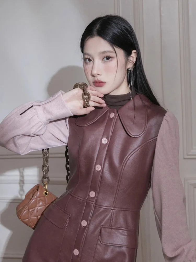 Knit sleeve leather dress【s0000005823】