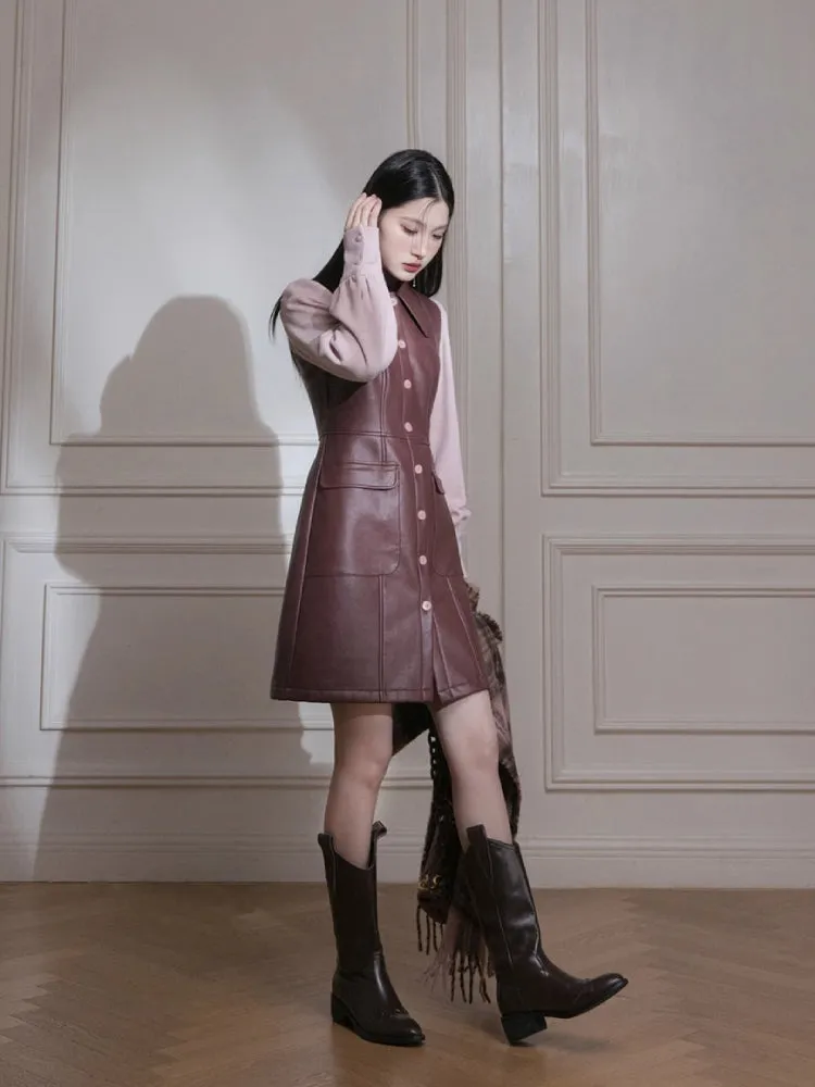 Knit sleeve leather dress【s0000005823】