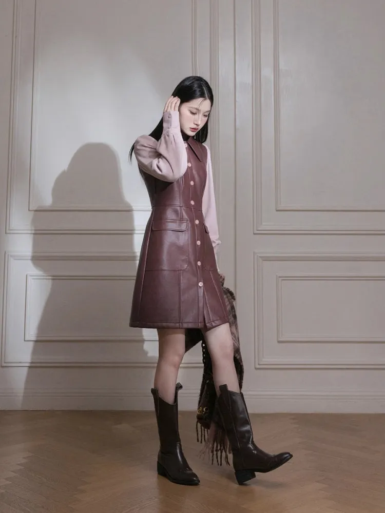 Knit sleeve leather dress【s0000005823】