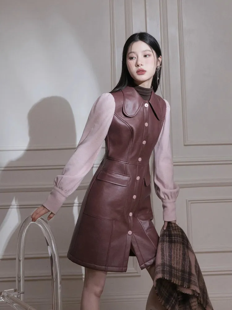 Knit sleeve leather dress【s0000005823】