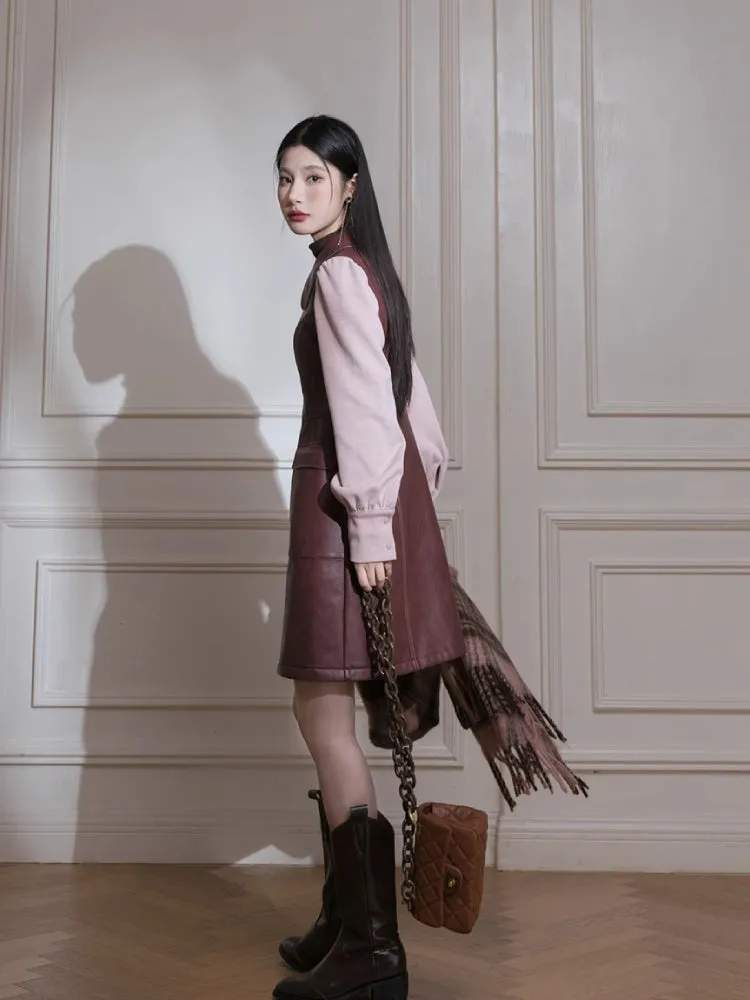 Knit sleeve leather dress【s0000005823】