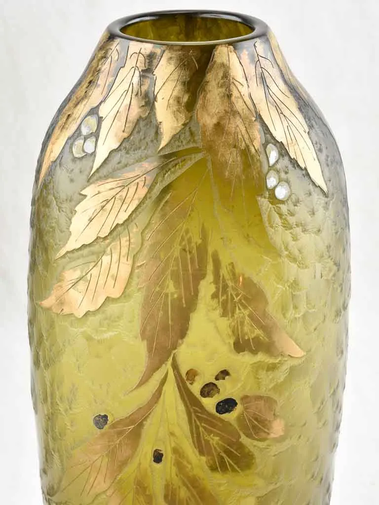 Large olive green glass vase - Legras - 19th century - 15¾"
