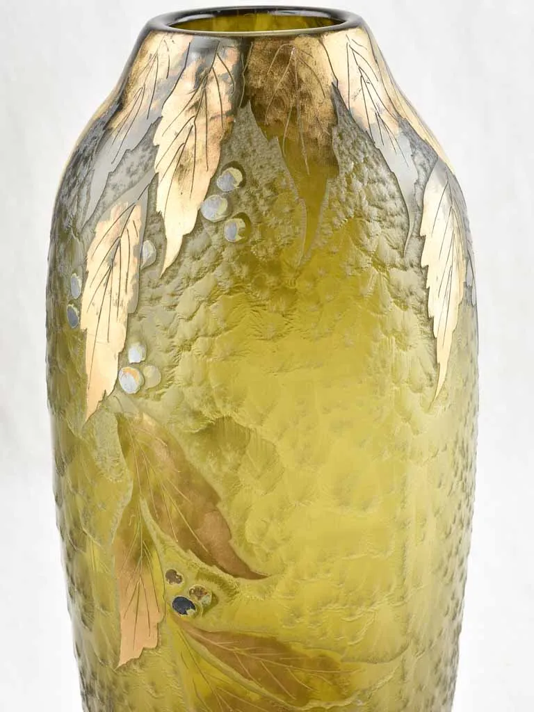 Large olive green glass vase - Legras - 19th century - 15¾"