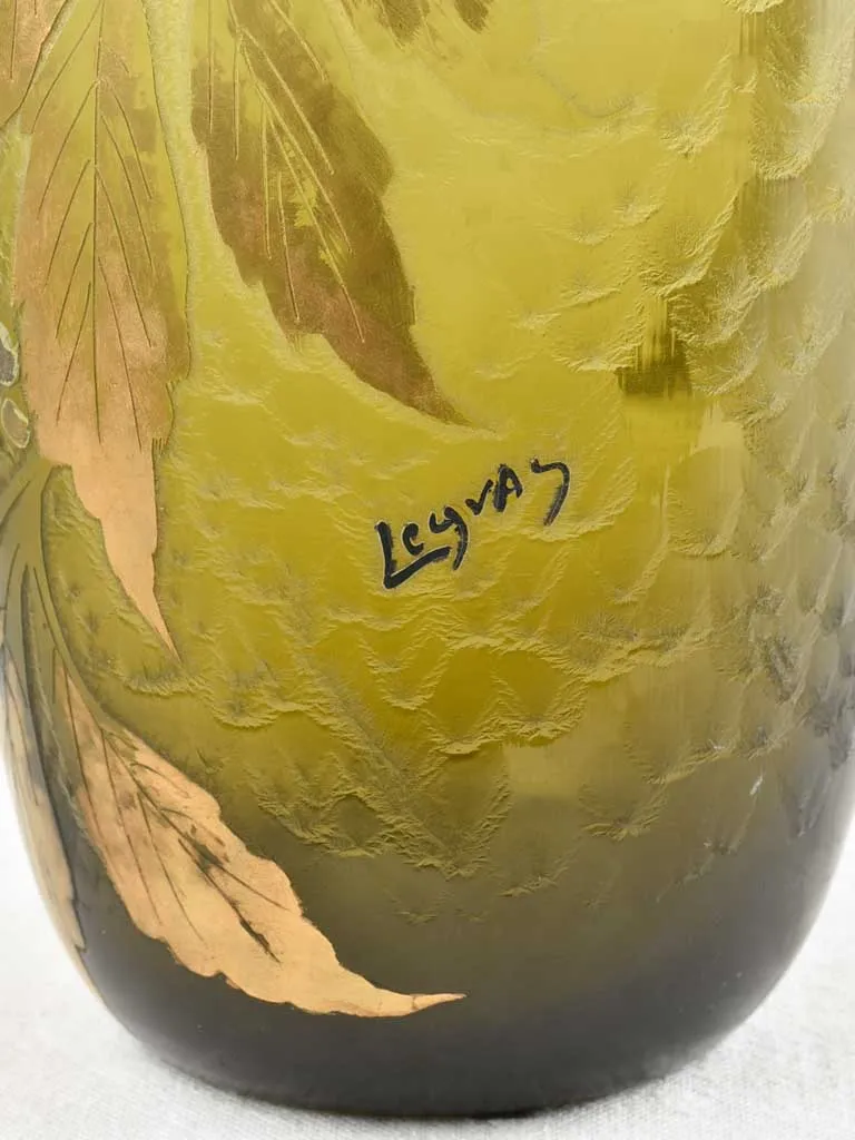 Large olive green glass vase - Legras - 19th century - 15¾"