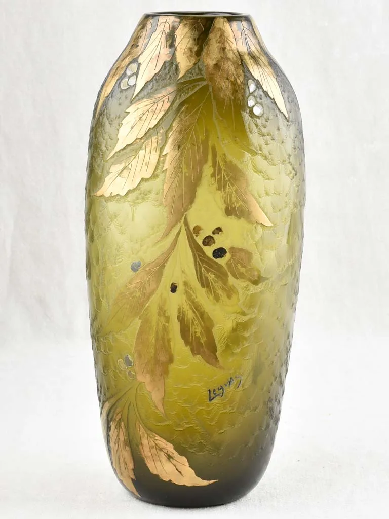 Large olive green glass vase - Legras - 19th century - 15¾"