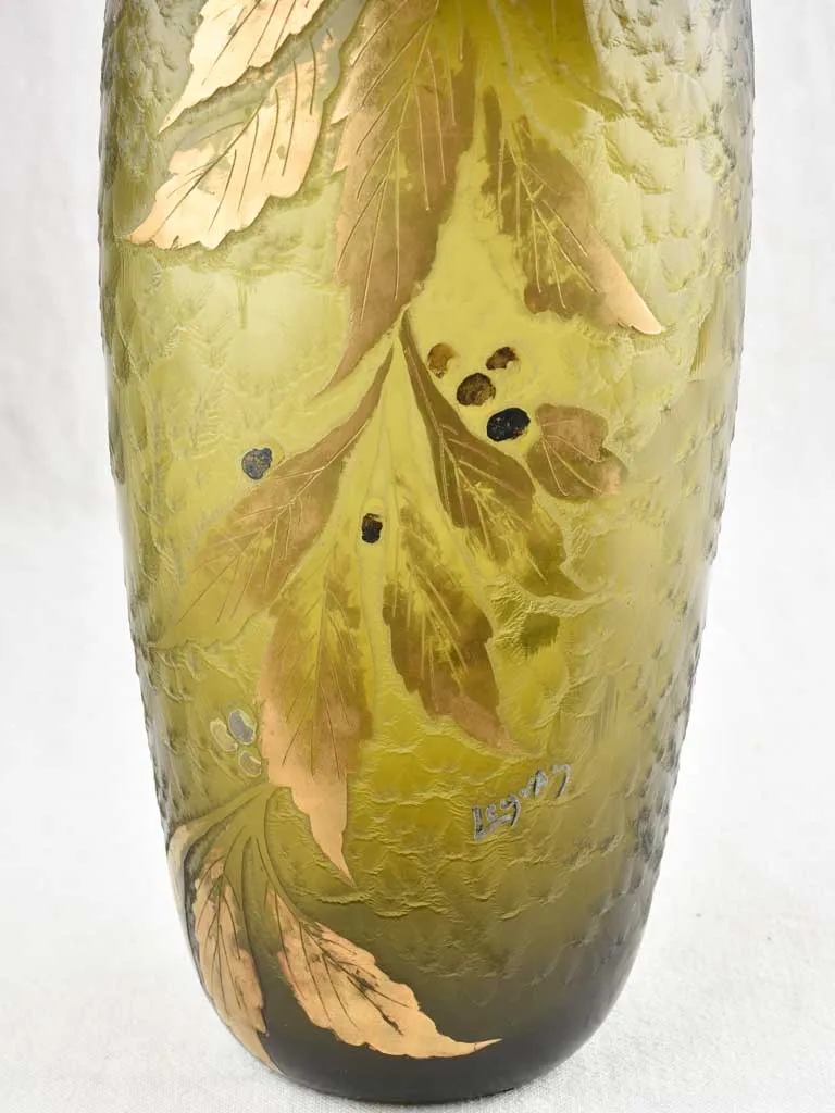 Large olive green glass vase - Legras - 19th century - 15¾"