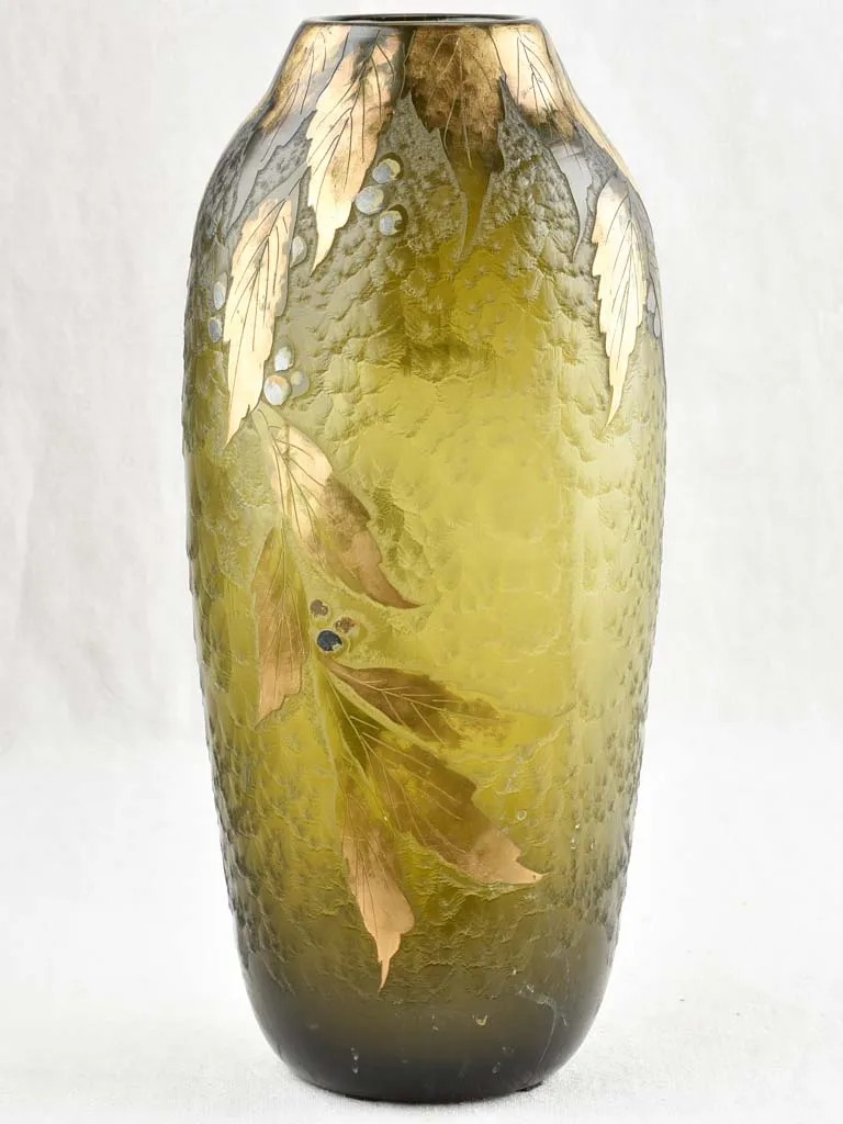 Large olive green glass vase - Legras - 19th century - 15¾"