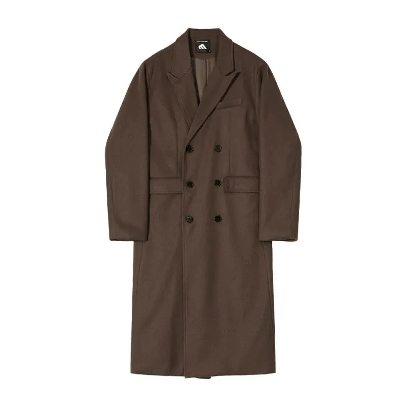 Men's Woolen Coat Long Autumn Winter Thickened Korean Fashion Loose Trend Casual Trench Solid Color Male Tops 9A6056