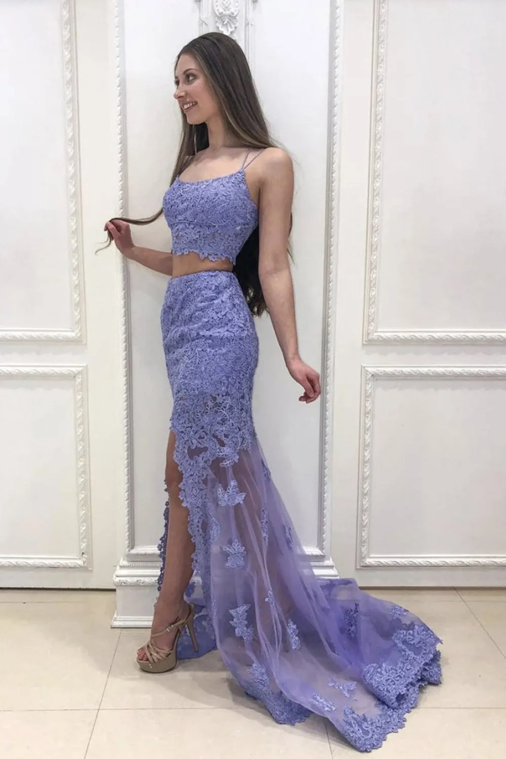 Mermaid 2 Pieces Purple Lace Long Prom Dress with Slit, Two Pieces Purple Lace Formal Dress, Purple Evening Dress