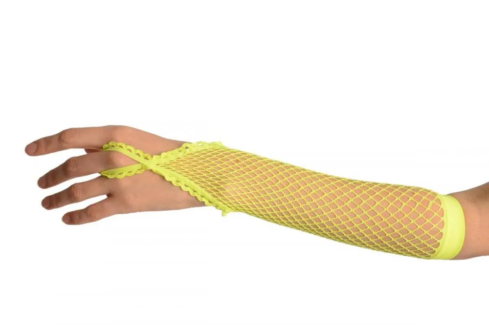Neon Yellow Finger Loop Fishnet Party Gloves
