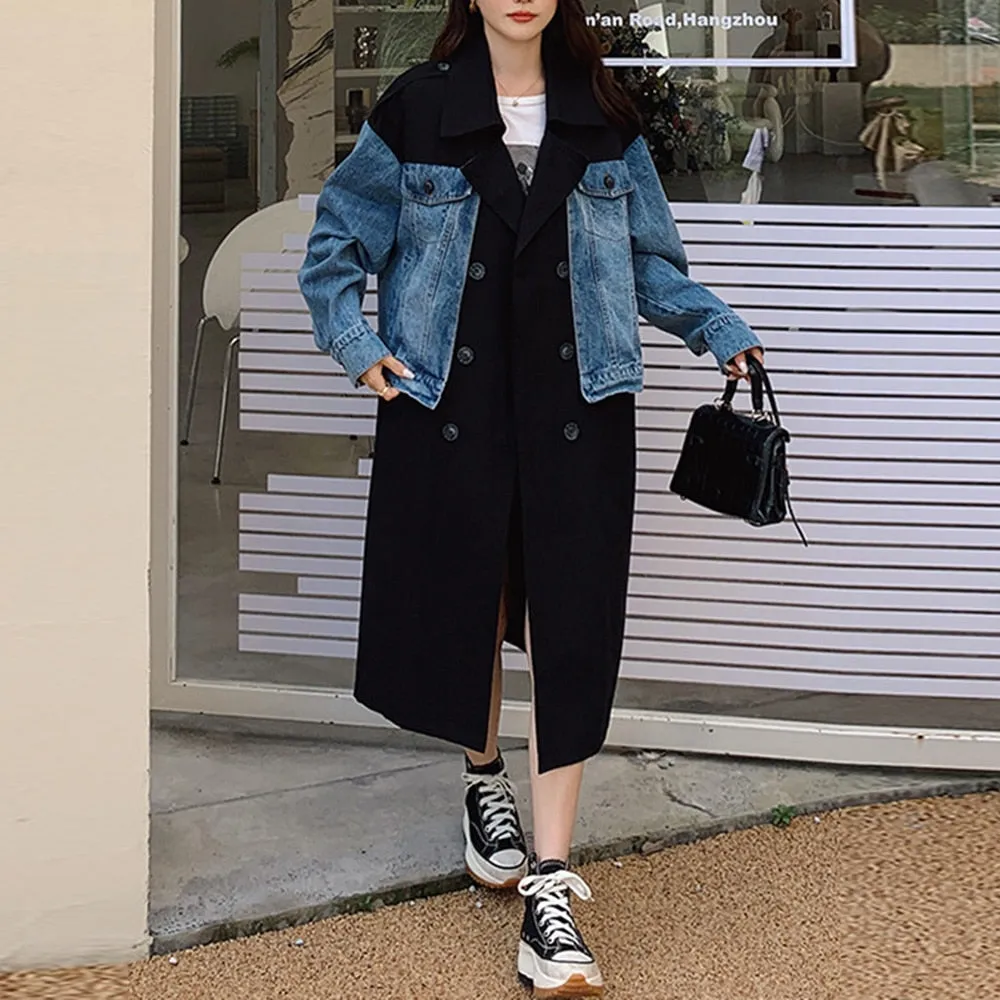 Patchwork Denim Trench Coat For Women Lapel Long Sleeve Double Breasted Coats Female Fashion Clothing Autumn