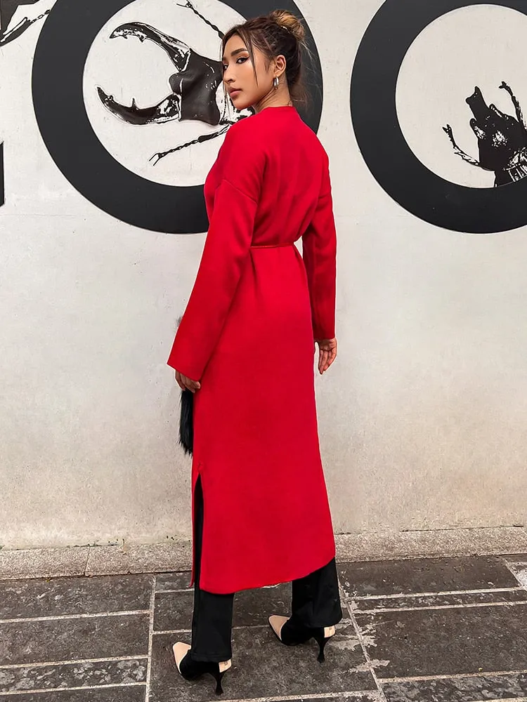 Patchwork Pockets Trench For Women V Neck Long Sleeve Hit Color Loose Windbreaker Female Autumn Fashion Style