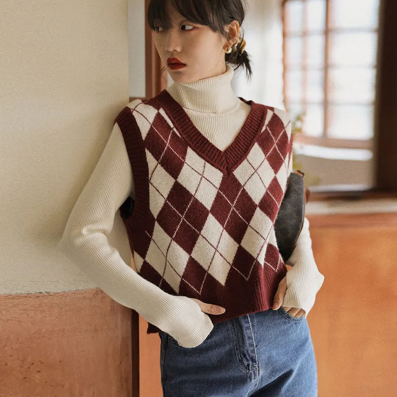 Preppy Aesthetic Sweater Plaid Pullover Vest Knitted Sweater