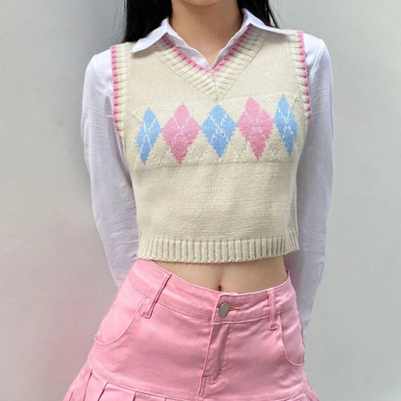 Preppy Aesthetic Sweater Spring/Summer Blue Rhombus Knitted Vest