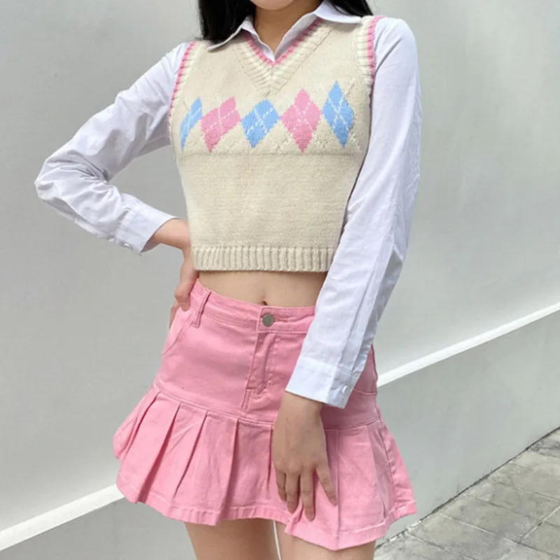 Preppy Aesthetic Sweater Spring/Summer Blue Rhombus Knitted Vest