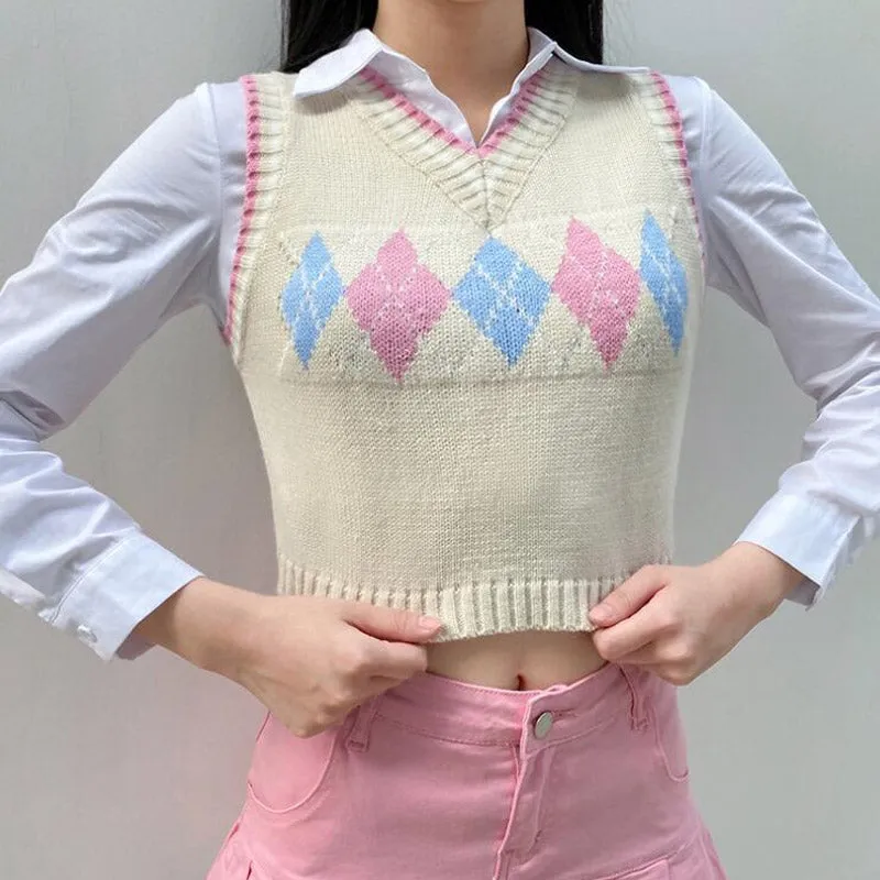 Preppy Aesthetic Sweater Spring/Summer Blue Rhombus Knitted Vest