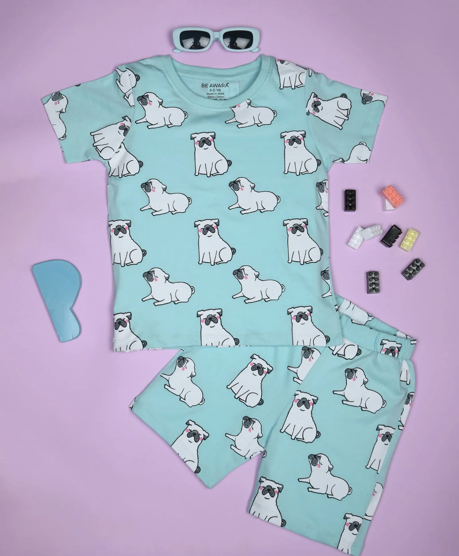 Pug Dog Pattern Half Sleeves T-Shirt & Shorts Set